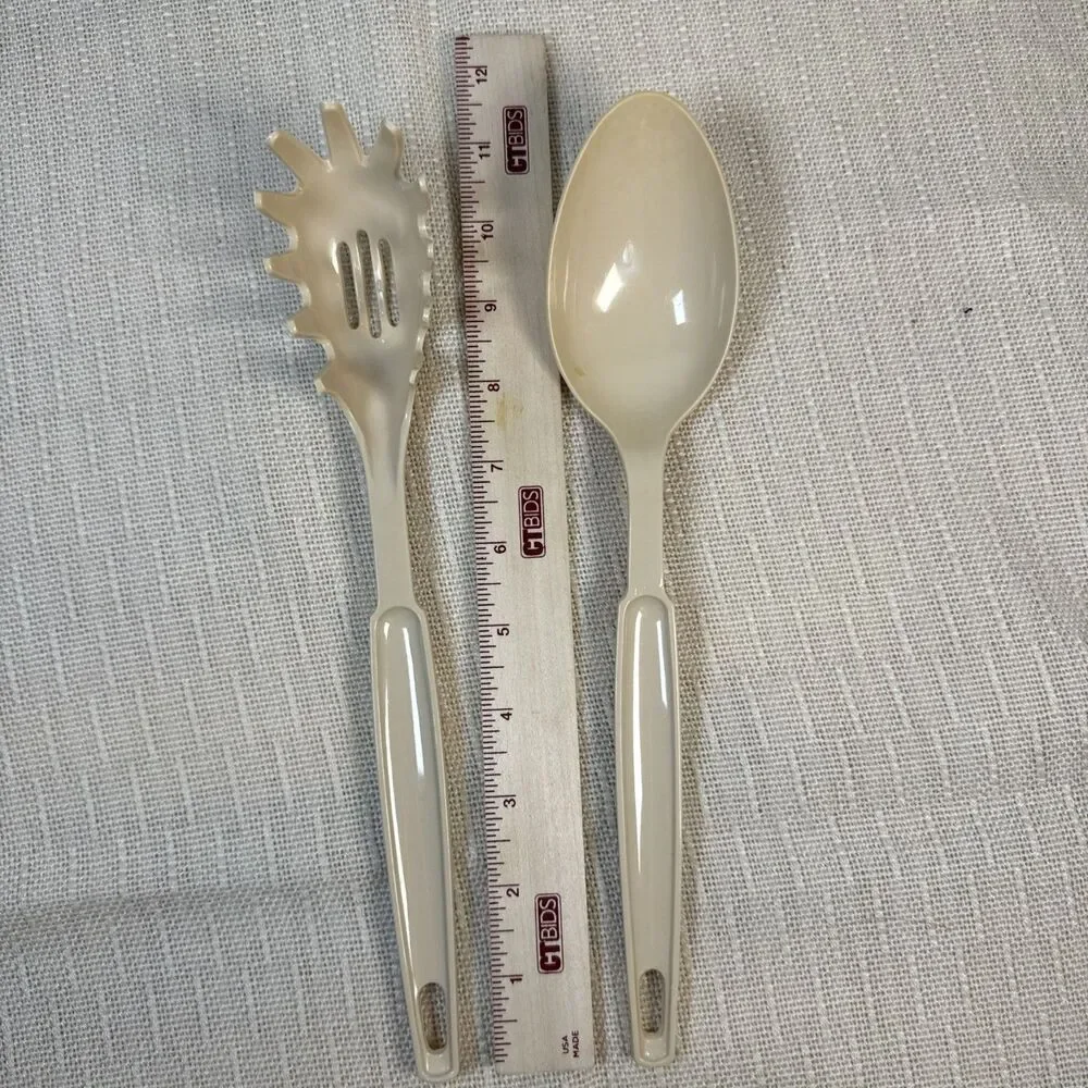 Vintage Ecko Plastic Serving Spoon & Cooking Slotted Spaghetti Spoon Almond